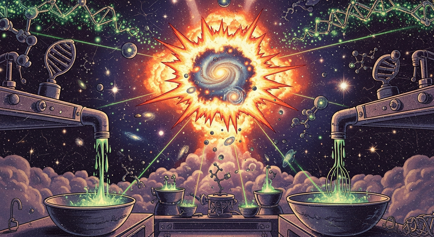 The Cosmic Kitchen: How Exploding Stars Baked the Secret Ingredients of Your DNA Introduction: The Greatest Recipe in the Universe Have you ever looked at your hands and wondered exactly what you are made of? If you zoom in close enough, past your skin, your cells, and deep into the instruction manual of your body—your DNA—you will find something truly magical. You are not just made of ordinary stuff; you are made of recycled stardust. Welcome to the Cosmic Kitchen. Billions of years ago, the universe acted like a giant, glowing bakery. But instead of flour, sugar, and eggs, the universe used incredibly hot gases and gravity to bake the secret ingredients of life. By understanding the awe-inspiring science of stellar nucleosynthesis (a fancy word for how stars make elements) and supernova explosions, we can trace the very building blocks of your DNA back to the twinkling lights in the night sky. Let’s put on our cosmic aprons and explore how exploding stars cooked up the recipe for YOU. Detailed Science: How the Universe Baked You The Fundamental Building Blocks: Nature's Legos To understand the cosmic kitchen, we first need to know what ingredients we are looking for. Think of the universe as a massive box of Lego bricks. Everything in the world is built from different types of these bricks, which scientists call elements. Your DNA—the twisting, ladder-like molecule that holds the blueprints for your eyes, hair, and height—is built using five very specific Lego bricks. Scientists call them by the acronym CHONP: Carbon: The sturdy frame of the DNA ladder. Hydrogen: The gentle bonds that hold the two halves of the ladder together. Oxygen and Nitrogen: The chemical letters that spell out your genetic code. Phosphorus: The strong rails on the outside of the DNA ladder that protect the code. Except for Hydrogen, which was created at the very beginning of time during the Big Bang, the rest of these ingredients did not exist when the universe was born. So, where did they come from? They had to be baked. The Ovens of the Universe: Inside a Star Imagine a star, like our Sun, as a giant cosmic oven. The secret to this oven is intense heat and crushing pressure caused by gravity. Inside the core of a star, the temperature reaches millions of degrees. This environment is so extreme that it forces simple, lightweight atoms (like Hydrogen) to smash together and fuse into heavier atoms. This process is called nuclear fusion. As the star burns for billions of years, it acts like a busy chef. First, it smashes Hydrogen together to bake Helium. When the star runs out of Hydrogen, the oven gets even hotter and starts crushing Helium together to bake Carbon and Oxygen. Step by step, the star is cooking the exact ingredients needed for your DNA! But there is a problem: the oven is sealed shut. How do these life-giving ingredients get out into space to eventually build a planet, and later, you? The Supernova: A Spectacular Food Delivery System This is where the story gets explosive. Ordinary stars can bake Carbon, Oxygen, and Nitrogen, but they aren't quite hot enough to bake heavier, trickier ingredients like Phosphorus. For that, we need a special, massive star—a star many times larger than our Sun. When one of these giant stars finally runs out of fuel, gravity wins the ultimate wrestling match. The star collapses in on itself in a fraction of a second, and then... BOOM! It explodes in one of the most powerful events in the universe: a Supernova. During the brief, incredibly violent flash of a supernova explosion, the cosmic oven's temperature spikes to billions of degrees. In this chaotic flash, the star bakes the remaining heavy elements, including the all-important Phosphorus required for the sides of your DNA ladder. More importantly, this massive explosion acts as a cosmic delivery system. The supernova violently blasts all of its freshly baked elements—Carbon, Nitrogen, Oxygen, and Phosphorus—deep into outer space. Assembling the DNA: The Ultimate Masterpiece For millions of years, these nutrient-rich clouds of stardust drifted through the darkness of space. Eventually, gravity pulled these dust clouds together to form a new star (our Sun), a rocky planet (Earth), and eventually, the oceans. In those ancient oceans, the stardust found each other again. The Carbon linked up with Oxygen and Nitrogen. The Phosphorus locked into place. The Hydrogen held it all together. The Lego bricks, forged in the fiery bellies of exploding stars, clicked together to form the very first strands of DNA. The ultimate cosmic recipe was finally complete, leading to all the plants, animals, and humans that exist today. Conclusion: You Are Literally Made of Stardust The universe is the ultimate kitchen, and it took billions of years of cooking to create the masterpiece that is you. The carbon in your cells, the oxygen you breathe, the nitrogen in your muscles, and the phosphorus locking your DNA together were all forged in the heart of giant, ancient stars that sacrificed themselves in spectacular supernova explosions. So, the next time you look up at the night sky, don't just see distant points of light. See them for what they truly are: the cosmic ovens that made your life possible. As the famous scientist Carl Sagan once perfectly said, "We are made of star-stuff." You are not just living in the universe; you are the universe, beautifully baked and wonderfully alive, looking back at itself.