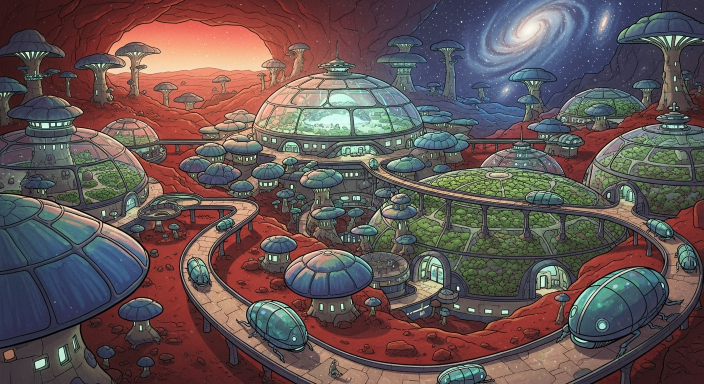 Galactic Gardens: How Earth's Mushrooms Could Build Homes for Astronauts on Mars Introduction: A Fungal Frontier Imagine you are an astronaut who has just landed on Mars. The sky is a dusty red, the air is too thin to breathe, and the temperature is freezing cold. You need a safe, warm house to survive. But how do you build an astronaut home on Mars? You cannot load heavy bricks, steel, or concrete onto a rocket—it would be too heavy and cost billions of dollars! What if, instead of building a house, you could grow one using a simple Earth mushroom? Welcome to the amazing world of mycotecture (building with fungi). Scientists at NASA are currently researching how the humble mushrooms we see in our forests could become the ultimate building material for space exploration. This incredible idea solves one of the biggest challenges of moving to another planet: how to travel light but build strong. By taking tiny, lightweight mushroom spores to the Red Planet, astronauts could grow safe, radiation-proof habitats. Let us dive into the fascinating science behind these galactic gardens! Detailed Scientific Explanation: The Science of Space Shrooms What is Mycelium? Nature's 3D Printer When you think of a mushroom, you probably picture the little umbrella-shaped cap popping out of the dirt. But that is just the "fruit" of the organism. The real magic happens underground. Beneath the soil, fungi have a massive network of tiny, white, thread-like roots called mycelium. Mycelium is like nature's living glue. It grows incredibly fast, stretching out to find food. As it grows, it binds tightly to whatever it touches—whether that is wood, soil, or rocks. Scientists have discovered that if you put mycelium into a mold, it will grow into that exact shape, creating a solid block that is stronger than concrete, lighter than wood, and completely fire-resistant! The Rocket Packing Problem: Why Grow Instead of Build? In rocket science, there is a strict rule: every gram counts. Launching heavy building materials into space takes an enormous amount of rocket fuel. This is called the "payload mass problem." Here is where mushrooms save the day. Instead of packing thousands of heavy bricks, astronauts only need to carry a small, lightweight packet of fungal spores (mushroom seeds). When they arrive on Mars, they can use local resources to feed these spores and grow giant Martian habitats. It is a brilliant way to trick the weight limits of space travel! Step-by-Step: How to Grow a House on Mars So, how exactly do we turn a tiny spore into a giant space cabin? NASA researchers have designed an ingenious, multi-layered system that works like a living recipe: Step 1: The Bubble Frame. First, astronauts will inflate a large plastic dome. This acts as the skeleton of the house. Step 2: The Algae Layer. Inside the outer layer of the dome, astronauts will add water and tiny green organisms called cyanobacteria (algae). Using energy from the distant Sun, these tiny helpers will produce oxygen and sugar. Step 3: Feeding the Fungi. The sugar produced by the algae is fed to the mycelium. The fungal network begins to eat, growing rapidly and thickly around the frame of the house. Step 4: Baking the Bricks. Once the house is fully grown and thick enough, it is time to stop the growth. Astronauts will heat the walls to "bake" the mushrooms. This kills the fungi so they do not grow out of control, leaving behind a super-strong, solid shell. Built-in Super Shields: Fighting Space Radiation One of the biggest dangers on Mars is invisible: cosmic radiation. Earth has a thick atmosphere and a magnetic field that protects us from the Sun's harmful rays, but Mars does not. If astronauts live on Mars, they need a super shield. Amazingly, mushrooms are perfect for this! Fungi contain a huge amount of water, which is one of the best natural barriers against radiation. Furthermore, scientists are looking at special types of fungi that contain melanin—the same pigment that gives human skin its color. On Earth, melanin-rich fungi have been found growing inside the damaged Chernobyl nuclear reactor, actually "eating" the radiation! A house made of melanin-rich mycelium would absorb dangerous cosmic rays, keeping the astronauts safe inside. Conclusion: The Future is Fungi Space exploration is not just about building shiny metal rockets or high-tech computers; sometimes, the most advanced technology is found right under our feet in the forest dirt. By combining biology and engineering, scientists are proving that nature has already solved some of our hardest problems. Using Earth's mushrooms to build homes for astronauts on Mars is a perfect example of thinking outside the box. Mycotecture offers a lightweight, super-strong, and radiation-blocking solution that could finally make human life on the Red Planet a reality. The next time you see a mushroom growing in the woods, take a closer look. You might just be looking at the future of space travel, helping humanity plant its roots among the stars!
