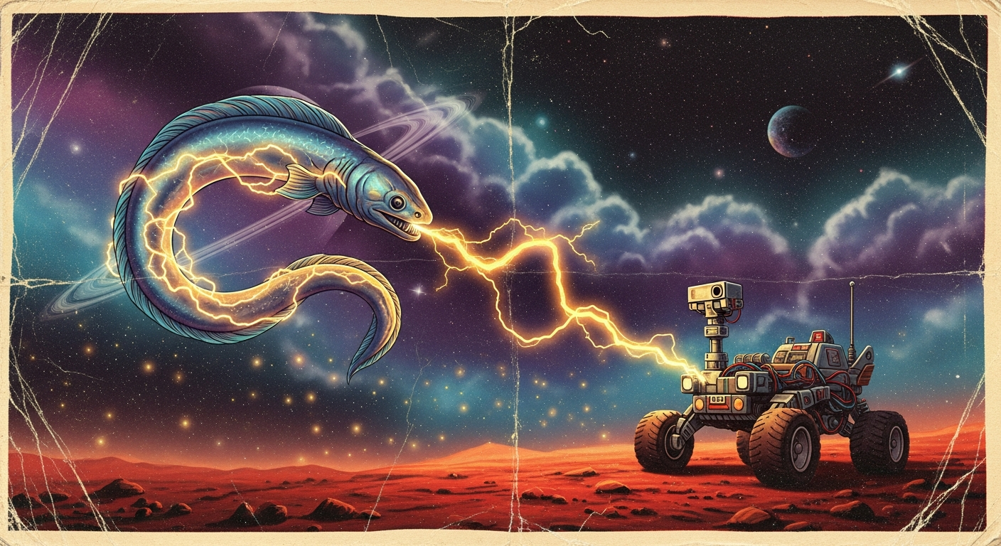 Could an Electric Eel Power a Mars Rover? Space Biology for Kids Introduction: A Shocking Idea for Space Exploration Imagine looking through a telescope at the rusty red surface of Mars. You see a high-tech Mars rover zooming across the craters, searching for signs of ancient life. But wait—instead of shiny solar panels or a nuclear battery, this rover has a giant, bubbling fish tank attached to its back, and inside is a glowing, wriggling electric eel! Could an animal from the muddy rivers of the Amazon rainforest really act as a living battery in outer space? Welcome to the wild world of space biology for kids! While this sounds like a scene from a science fiction cartoon, asking silly questions is exactly how real scientists make big discoveries. To answer this question, we have to become experts in three things: how Mars rovers get their power, how electric eels make their "zap," and the extreme challenges of keeping Earth's biology alive on another planet. Let’s dive into the shocking science! Detailed Scientific Explanation: The Clash of Biology and Technology How Much Power Does a Mars Rover Need? To understand if an electric eel can power a spacecraft, we first need to look at our robotic explorers. NASA’s mighty Perseverance rover is about the size of a small car. It has to drive, take photos, drill into rocks, shoot lasers, and send data millions of miles back to Earth. You might be surprised to learn that Perseverance doesn't use as much power as you think. It runs on a continuous supply of about 110 watts of electrical power. That is less power than it takes to run a typical gaming computer or a bright lightbulb! However, the rover needs this power all the time, without stopping, for years on end. Currently, rovers use special space batteries called RTGs (Radioisotope Thermoelectric Generators) that slowly release heat from radioactive materials to create steady electricity. How Do Electric Eels Generate Electricity? Now, let’s look at our biological battery: the electric eel. First, a fun fact—the electric eel isn't actually an eel at all! It is a type of knifefish native to South America. But how does it create electricity? An electric eel's body is filled with thousands of special, muscle-like cells called electrocytes. Think of these cells as millions of microscopic batteries stacked on top of each other. When the eel spots a tasty snack or feels threatened, its brain sends a signal down its nervous system. Suddenly, all those electrocytes discharge at the exact same time! A large electric eel can produce an incredible shock of up to 860 volts. That is enough voltage to knock a grown human off their feet! But there is a catch: this massive burst of bioelectricity only lasts for a couple of milliseconds (a tiny fraction of a second). It is like a camera flash—incredibly bright, but over in a blink. The Space Biology Problem: Can Eels Survive on Mars? If we want to use an eel as a battery, we have to bring it to Mars. This is where space biology gets very complicated. Mars is not a friendly place for a tropical river fish. Temperature: The average temperature on Mars is a freezing -81°F (-62°C). An electric eel needs warm water (around 75°F to 80°F) to survive. Atmosphere: Mars has a very thin atmosphere made mostly of toxic carbon dioxide. Eels need to breathe oxygen. (Fun fact: Electric eels actually have to come to the surface of the water to gulp air!) Water: Liquid water cannot exist on the surface of Mars. It would either instantly freeze into ice or boil away into gas due to the low atmospheric pressure. To keep the eel alive, the rover would need to carry a heavy, heated, pressurized, and oxygen-filled aquarium. Running the heater and the life-support pumps for the fish tank would require a massive amount of electricity—far more power than the eel could ever produce! The Final Math: Rover vs. Eel Let's pretend we have a magic, perfectly heated fish tank on our rover. Would the eel's electricity be enough? The answer is no. While an eel creates a high voltage (860 volts), it creates very low current (less than 1 amp), and it only lasts for a millisecond. A Mars rover needs a steady, continuous 110 watts. If an eel shocked the rover's battery, it would give it a tiny jolt of energy, but then the eel would need to rest and eat to recharge its electrocytes. You would need thousands of electric eels, constantly shocking in shifts, to keep the rover moving. That’s just not practical for space exploration! Conclusion: Bioelectricity and the Future of Space Travel So, could an electric eel power a Mars rover? The scientific verdict is no. An electric eel is a master of short, powerful zaps used for hunting, not a generator made for long, continuous energy. Plus, the harsh environment of Mars makes it impossible to keep an Earth animal alive without using up more energy than the animal could provide. However, this doesn't mean the idea is useless! In science, crazy questions lead to amazing inventions. Scientists are currently studying the electric eel's electrocytes to learn how nature builds safe, squishy, flexible batteries. By copying the eel’s biology—a process called biomimicry—engineers are developing next-generation "bio-batteries." These artificial, biological power sources could one day be used to power tiny medical robots inside the human body, or maybe even lightweight, self-repairing sensors on future space missions! Even though we won't be sending a fish tank to Mars anytime soon, the incredible secrets of animal electricity continue to inspire the future of space technology. The next time you look up at the stars, remember: the solutions to our biggest challenges in space might just be swimming in a river right here on Earth!
