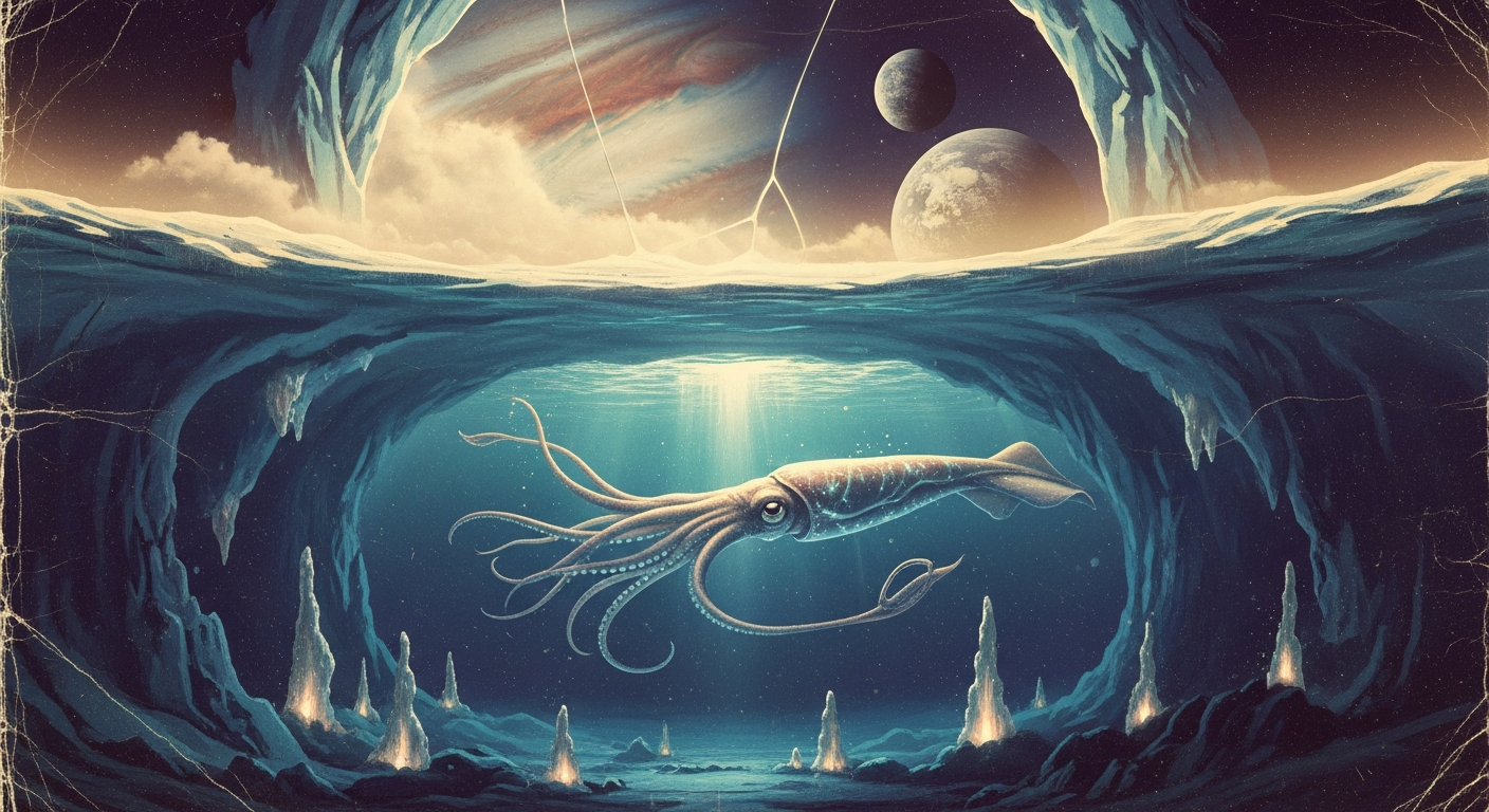 Space Oceans: Could Earth's Giant Squids Survive on Jupiter's Icy Moons? When you look up at the night sky, you might imagine space as a dry, dusty, and empty place. But what if I told you that our solar system is actually hiding giant, swirling oceans? It is true! Millions of miles away from Earth, Jupiter's icy moons are keeping a massive secret. Underneath their thick, frozen shells, moons like Europa and Ganymede hold more liquid water than all the oceans on Earth combined! This amazing discovery has astrobiologists—scientists who study life in space—asking a very exciting question: If these moons have oceans, could deep-sea creatures from Earth live there? To find out, let us take one of the most mysterious monsters of our own planet, the Giant Squid, and send it on an imaginary journey to the space oceans of Jupiter! The Hidden Space Oceans of Jupiter Europa: An Ocean World To understand if our giant squid could survive, we first need to know what a space ocean looks like. Let us look at Jupiter’s moon, Europa. From the outside, Europa looks like a giant, scratched-up snowball. Its surface is covered in a layer of solid ice that is miles thick. But deep down below that ice, there is a giant ocean of salty, liquid water. Because it is so far from the Sun, you might wonder why the water does not freeze completely. The secret is something called tidal heating. Jupiter is a massive planet with incredibly strong gravity. As Europa circles Jupiter, this gravity pulls and stretches the moon, like bending a paperclip back and forth. This stretching creates friction and heat deep inside the moon, keeping the underground ocean warm and liquid! Meet the Challenger: Earth's Giant Squid Now, let us introduce our space explorer: the Giant Squid (scientific name: Architeuthis dux). This magnificent creature can grow to be as long as a school bus, with massive eyes the size of dinner plates and long, powerful tentacles. On Earth, the giant squid is a champion of the deep sea. It lives thousands of feet underwater where the ocean is pitch-black, freezing cold, and the weight of the water creates a crushing pressure that would instantly squash a human submarine. Since the squid already loves the dark, freezing, and high-pressure deep sea of Earth, it seems like the perfect candidate to survive in Europa's dark space oceans. But would it actually survive? Let us put it to the test! The Space Survival Test: Could a Squid Survive? Test 1: Darkness, Cold, and Pressure Europa's ocean is completely dark because sunlight cannot pass through miles of thick surface ice. It is also very cold, and because the ocean is incredibly deep (maybe 60 miles or 100 kilometers deep!), the water pressure is intense. The Verdict: PASS! The giant squid is already a master of the dark and the cold. Its giant eyes are designed to see glowing lights in the pitch-black ocean, and its squishy body has no air pockets, meaning the crushing water pressure of Europa would not bother it at all. Test 2: Breathing Without Air Just like you and me, giant squids need oxygen to live. On Earth, oxygen from the air mixes into the ocean waves, and special ocean currents carry that oxygen all the way down to the deep sea for the squid to breathe through its gills. However, Europa's ocean is trapped under a thick roof of solid ice. There is no air above the water, and no waves to mix oxygen into the sea. Scientists think there might be a tiny bit of oxygen on Europa, created when space radiation hits the ice, but it is probably not enough. A creature as huge and active as a giant squid needs a lot of oxygen to power its giant muscles and tentacles. The Verdict: FAIL. Without enough oxygen, our giant squid would quickly run out of breath in the space ocean. Test 3: The Cosmic Food Chain Even if our giant squid brought a scuba tank to breathe, it would still need to eat! Giant squids are fierce predators; they eat large deep-sea fish and other squids. On Earth, the food chain starts with the Sun. Sunlight feeds plants, small fish eat the plants, and big fish eat the small fish. On Europa, there is no sunlight to start this food chain. Scientists believe that if there is food on Europa, it comes from underwater volcanoes called hydrothermal vents. Special tiny bacteria can eat the chemicals from these volcanoes to survive (a process called chemosynthesis). While this is a cool way to make food, it is a very slow and small food chain. It might support tiny alien bugs or worms, but it would not provide nearly enough food to feed a giant, hungry squid! The Verdict: FAIL. There are simply no giant space-fish for our squid to hunt and eat. Conclusion: The Search for Alien "Squids" So, could Earth's giant squid survive on Jupiter's icy moons? The scientific answer is no. While it could handle the cold and the dark, an Earth squid would eventually run out of oxygen and starve in the hidden oceans of Europa. But do not let that make you sad! This thought experiment teaches us something incredibly important about alien life. Even though an Earth creature could not survive there as it is, it is very possible that alien creatures have evolved and adapted to live perfectly in Europa's ocean. Instead of giant squids, there could be smaller, slower, alien squid-like creatures that do not need much oxygen and feed on the chemicals from underwater space volcanoes! By studying how extreme creatures live in the deep, dark oceans of Earth, scientists are learning exactly where to look for life in outer space. The next time you look at the stars, remember: the universe is not just filled with rocks and gas. It is filled with vast, hidden oceans, just waiting to be explored.